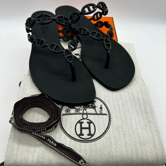 Hermes Island Sandal Beach Flip Flop Black 38 Rubber Chain d’ancre
